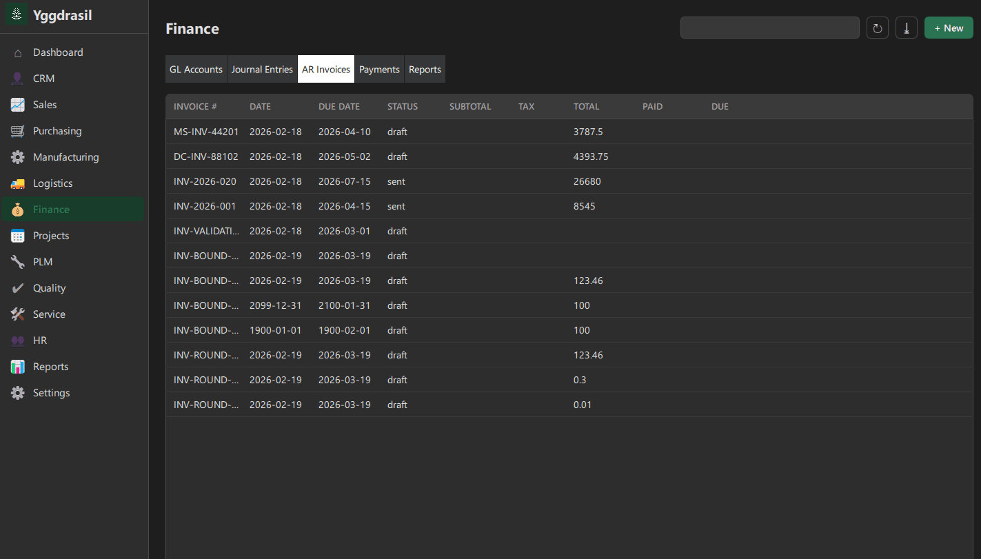 Finance module — Yggdrasil desktop application