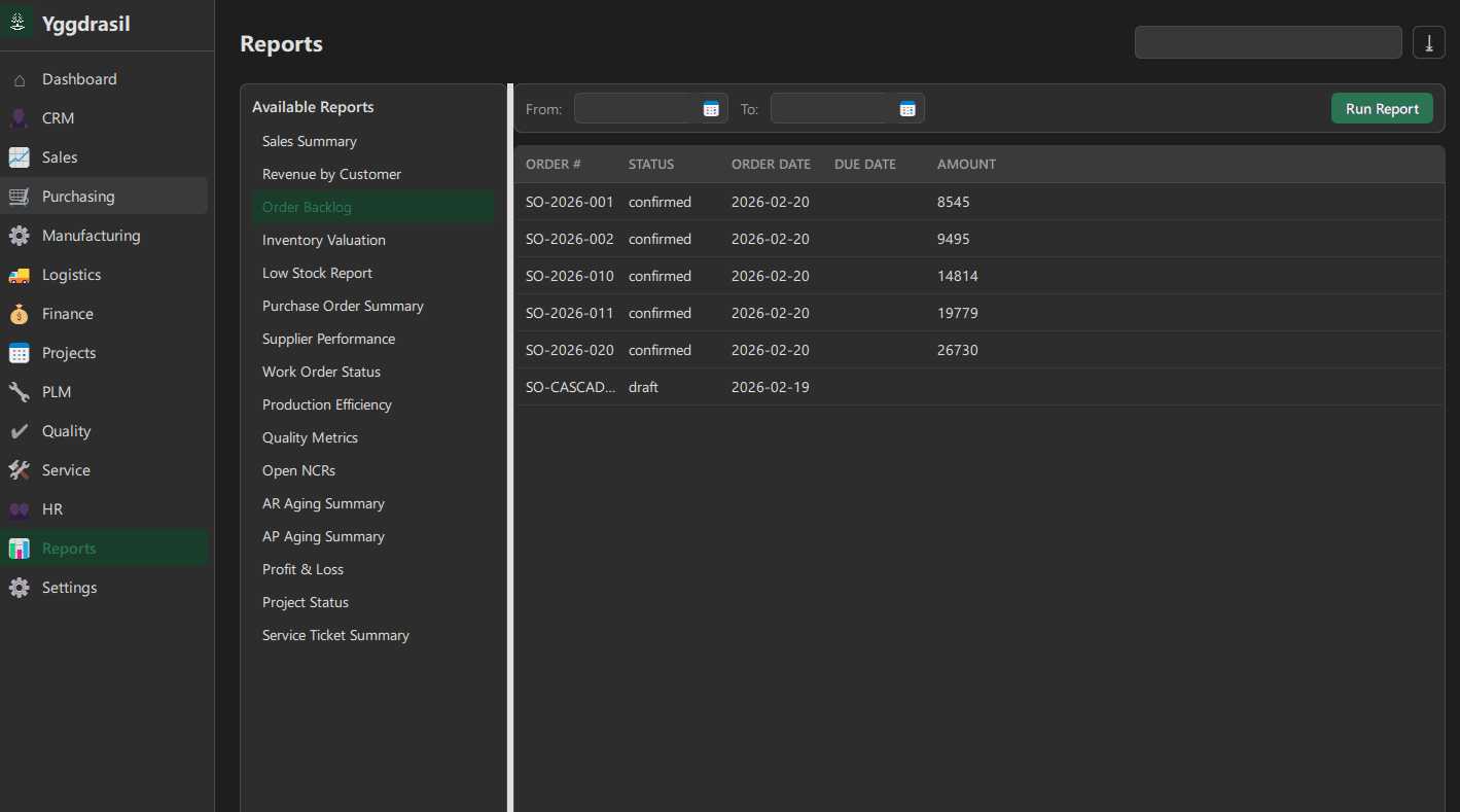 Reports module — Yggdrasil desktop application